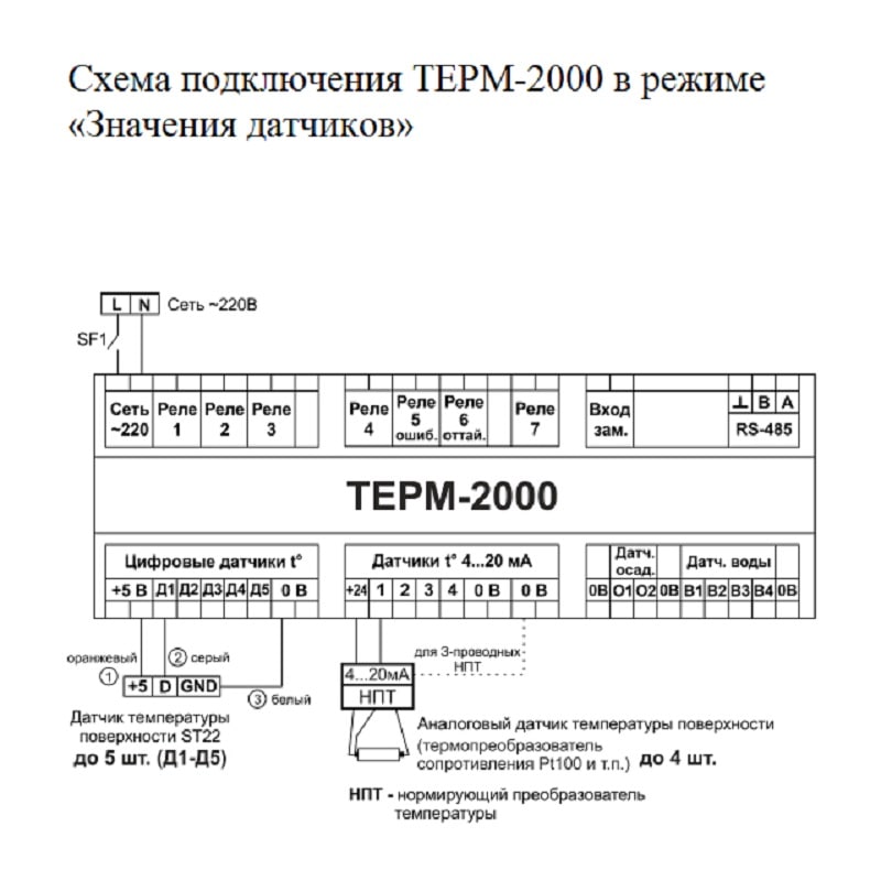 Схема подключения ТЕРМ-2000 в режиме Значения датчиков